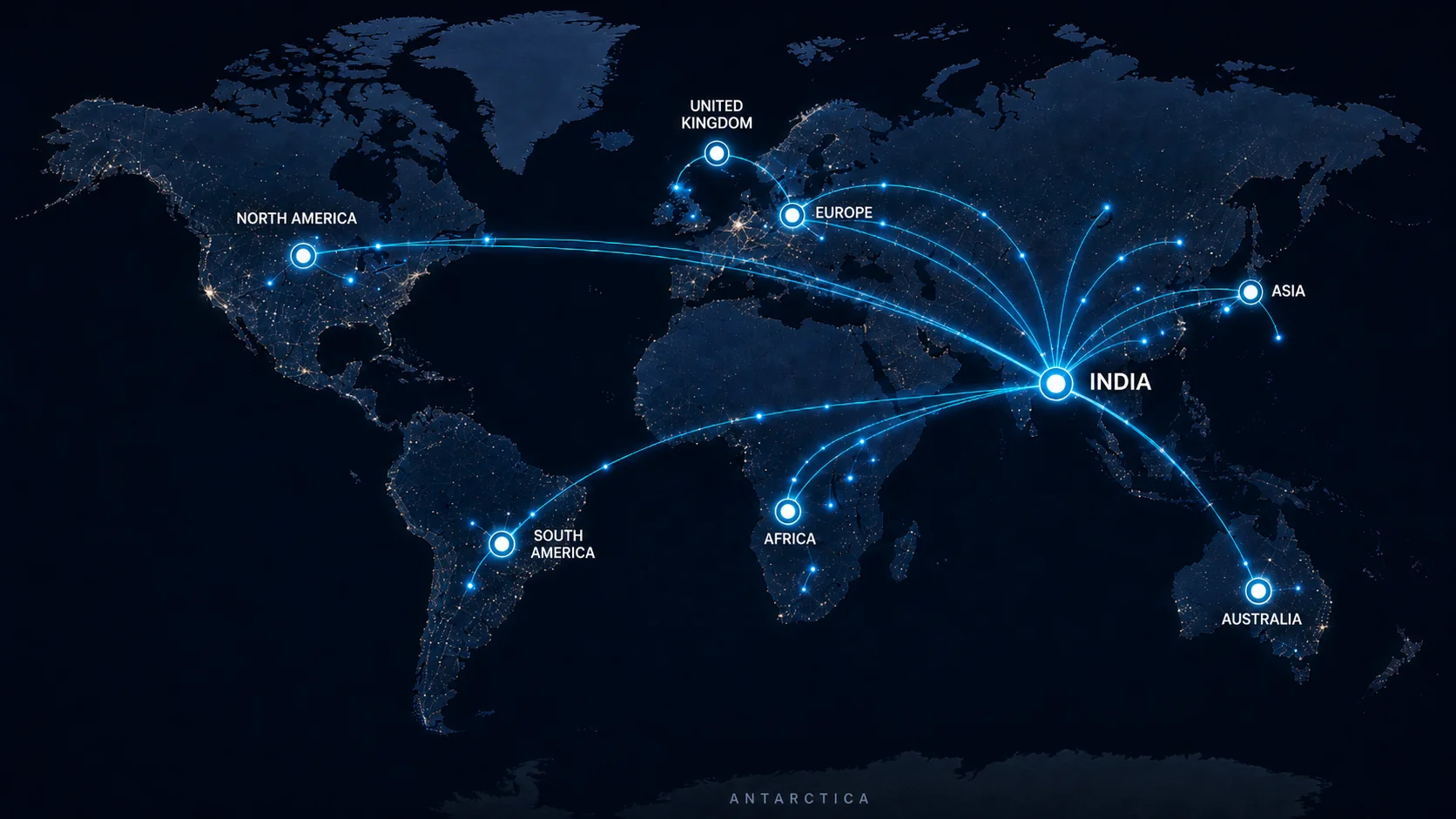 World map showing Global Trade Tech's network radiating from India to North America, South America, the United Kingdom, Europe, Africa, Asia and Australia